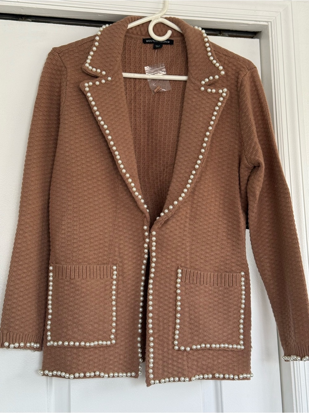 Boston Proper Brown Pearl-Trim Knit Blazer